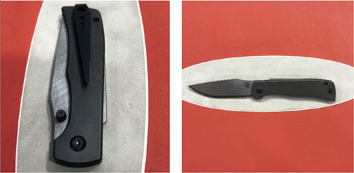 Das Taschenmesser mit einer Wolframkarbid-Klinge von der Firma Sandrin mit rotem Hintergrund