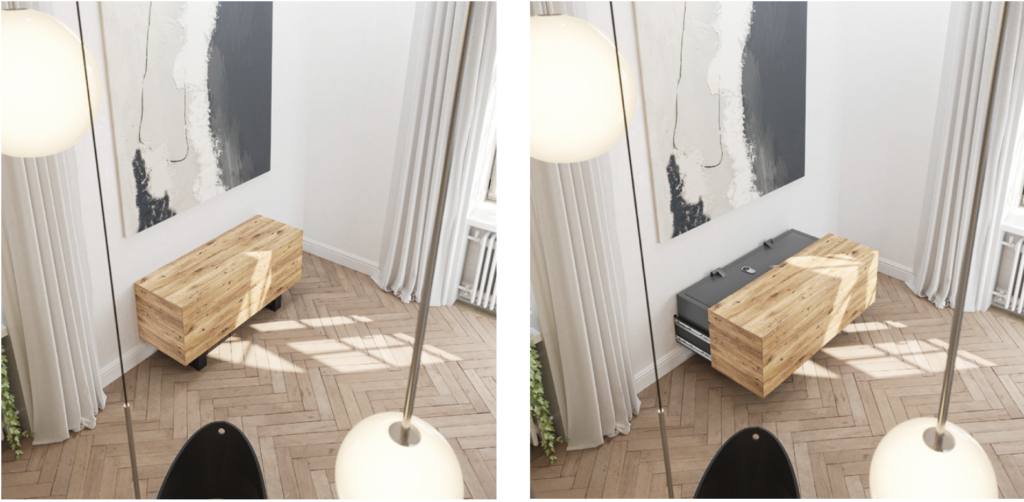zwei Bilder. Links: ein Sideboard aus Holz; rechts: ein versteckter Tresor wird unter dem Sideboard sichtbar