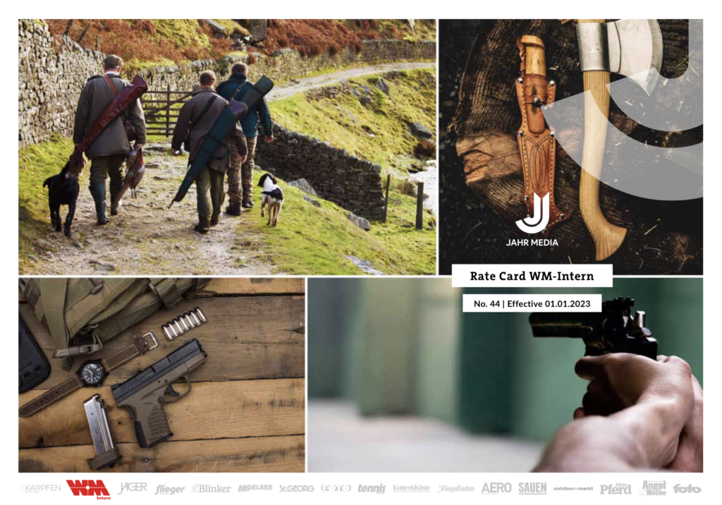 Mediadaten WM-Intern Titelseite – Collage aus Bildern der Bereiche Jagd, Schießsport, Security und Messer