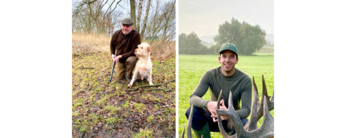 Zwei Bilder: links ein Jäger mit Hund in einem herbstlichen Laubwald; rechts ein Jäger mit erlegtem Wild auf einem Feld