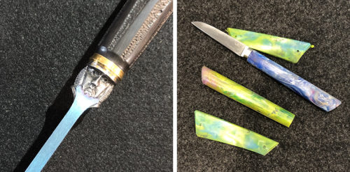 Links das Messer "Blaubart", das zur KNIFE 2023 zum KNIFE Award eingereicht wurde. Rechts Messergriffe aus recyceltem Kunststoff
